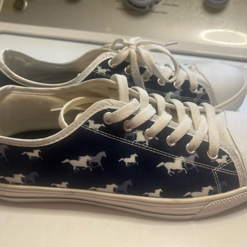 Women’s Navy Horse Print Canvas Sneakers - White Trim size 10